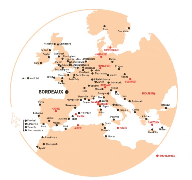 Carte des destination à Bordeaux-Mérignac pour l'été 2017