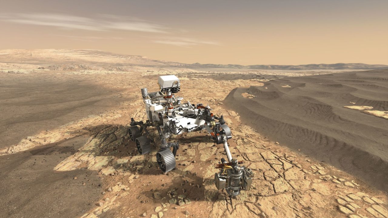 Illustration du robot Mars 2020 sur le sol de la planète Mars.