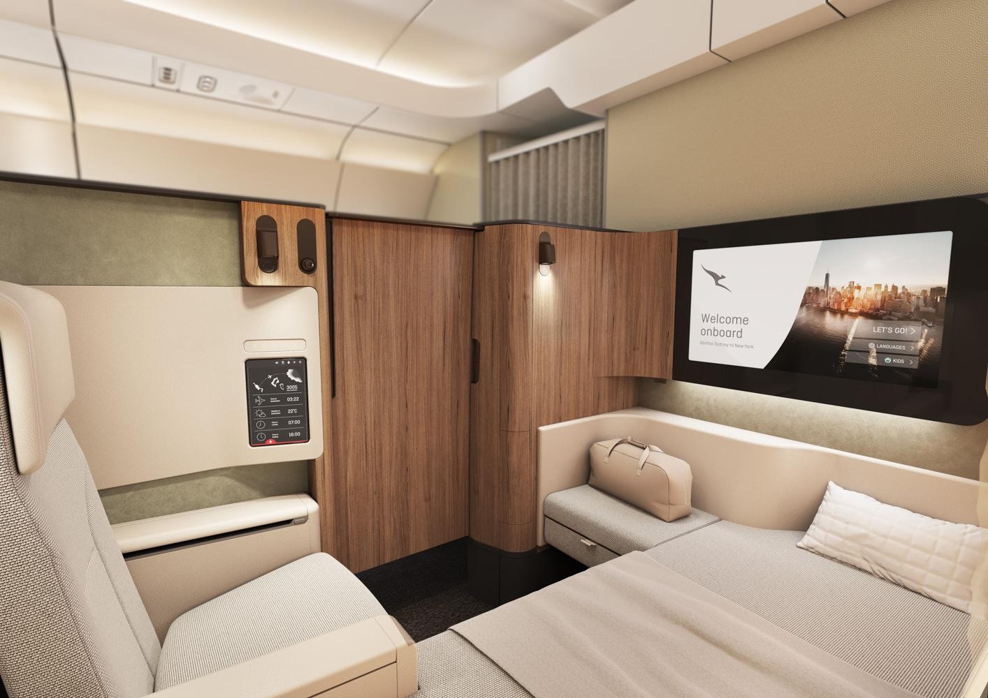 Suite First - Premier classe Qantas Airbus A350-1000ULR Sunrise